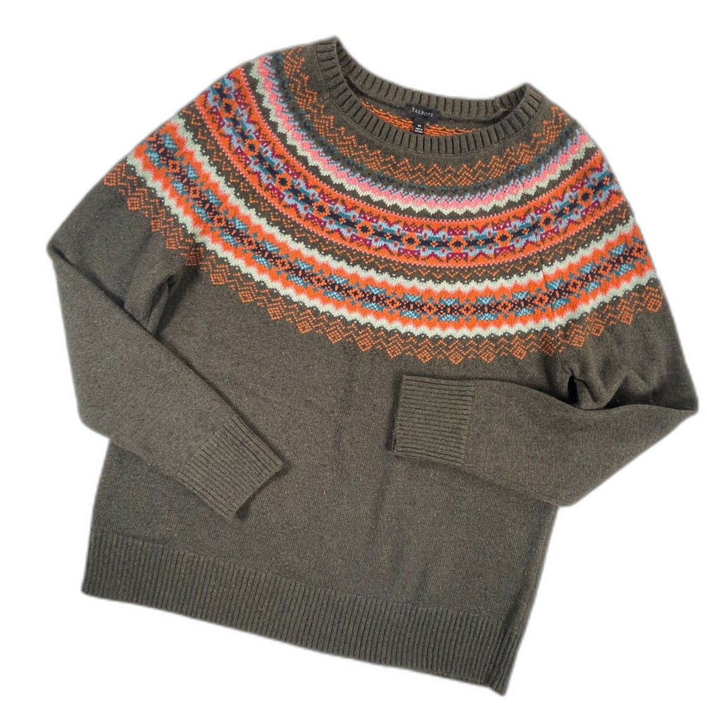 Talbots Fair Isle Knit Circular Yoke Sweater M Olive Orange Crewneck Cabin Fall